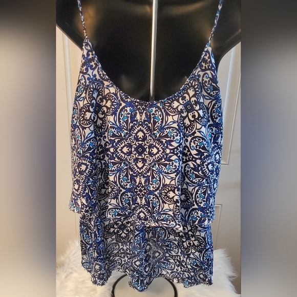White House Black Market Blue and White Print Tiered Ruffle Tank Top Size M - Picture 2 of 9